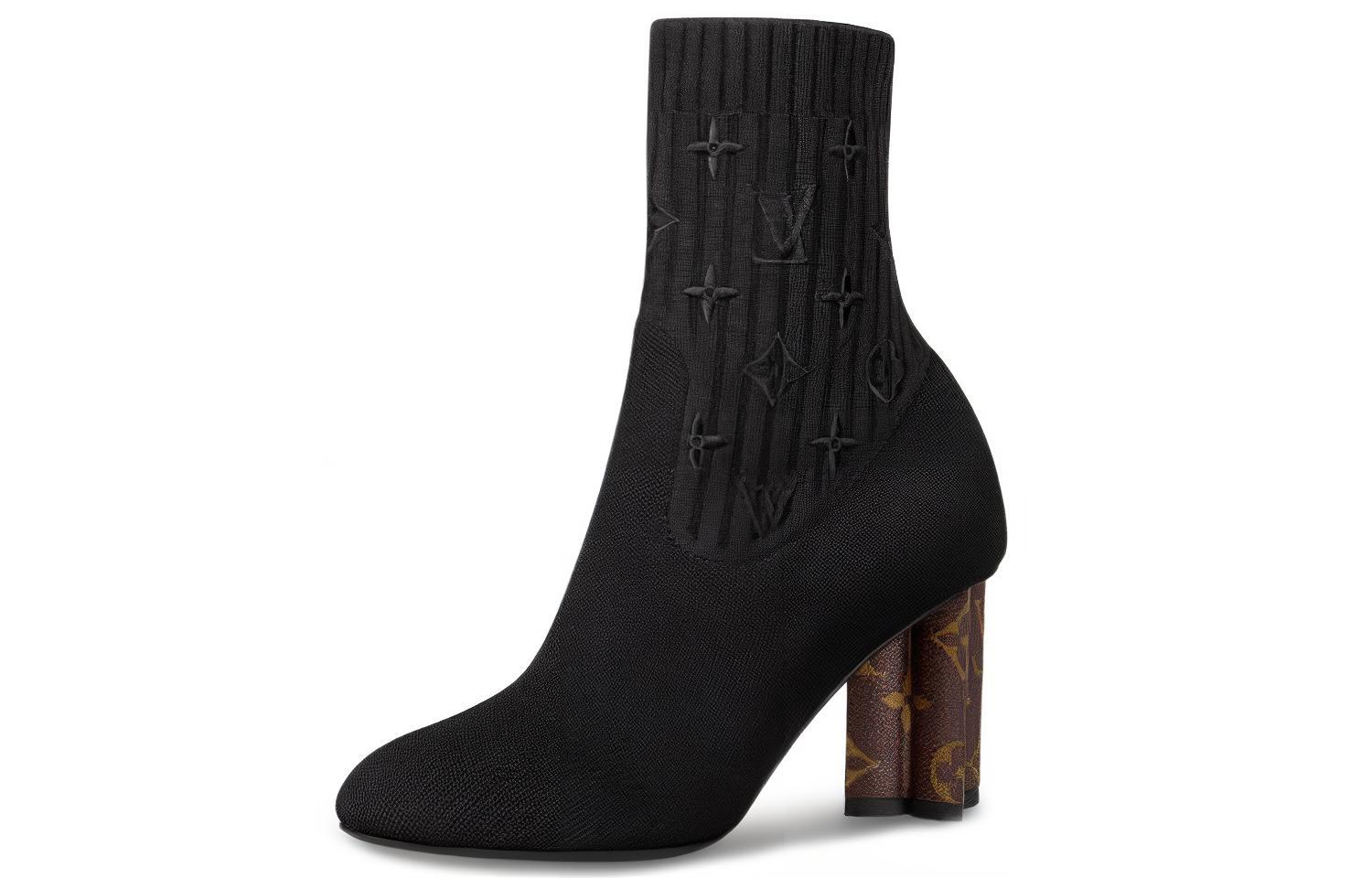 (Women) Louis Vuitton Silhouette Heels 'Black Knit Monogram with Brown Heels' 1A8558