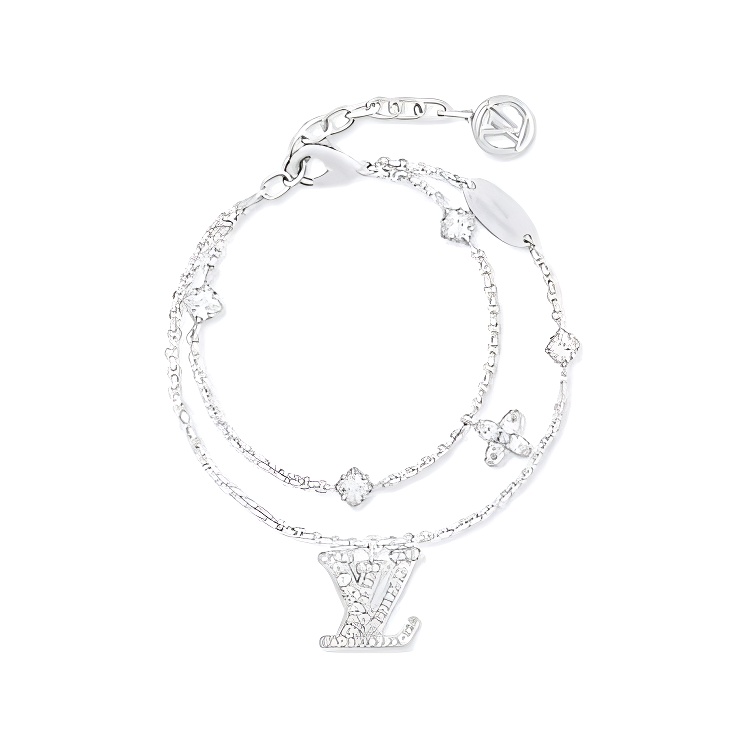 (Women) Louis Vuitton Silver Bracelet Women with Metal Monogram and Faux Crystals. M1378A
