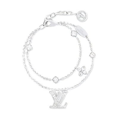 (Women) Louis Vuitton Silver Bracelet Women with Metal Monogram and Faux Crystals. M1378A