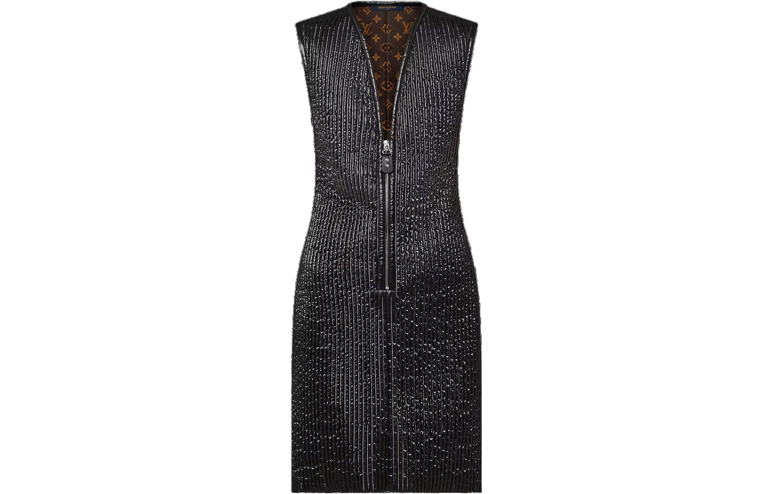 (Women) Louis Vuitton Slim Fit Black Quilted Striped Sleeveless Short Dress Women 1AC38I