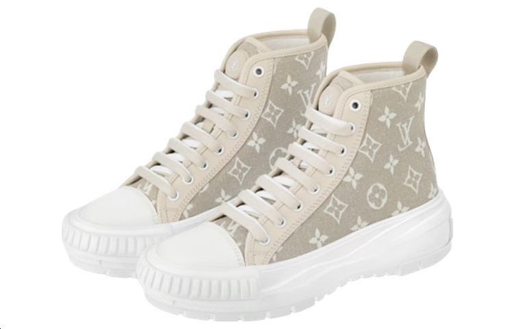 Lookbook LOUIS VUITTON Squad 牛仔布 系帶 高筒 運動休閒鞋 女款 淺褐色