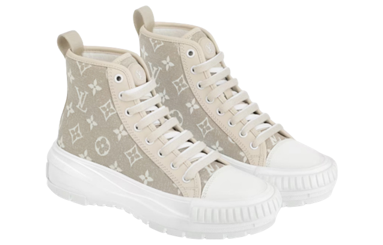 Shop LOUIS VUITTON Squad 牛仔布 系帶 高筒 運動休閒鞋 女款 淺褐色