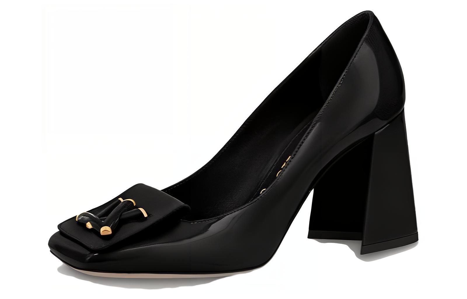 (Women) Louis Vuitton Square Toe Slip-On Block Heel Pumps 'Black Leather' 1ABOUY