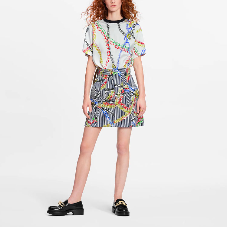 Lookbook (W) Louis Vuitton SS21 Baju Wanita Putih Cetak Rantai Oversaiz 1A92NG