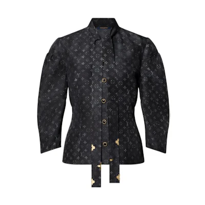 (Women) LOUIS VUITTON SS22 Allover Print Cinched Lantern Sleeve Shirt Women Black 1A9XJD