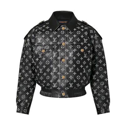 (Women) LOUIS VUITTON SS22 Black Embossed Logo Leather Jacket Outerwear 1A9MYZ