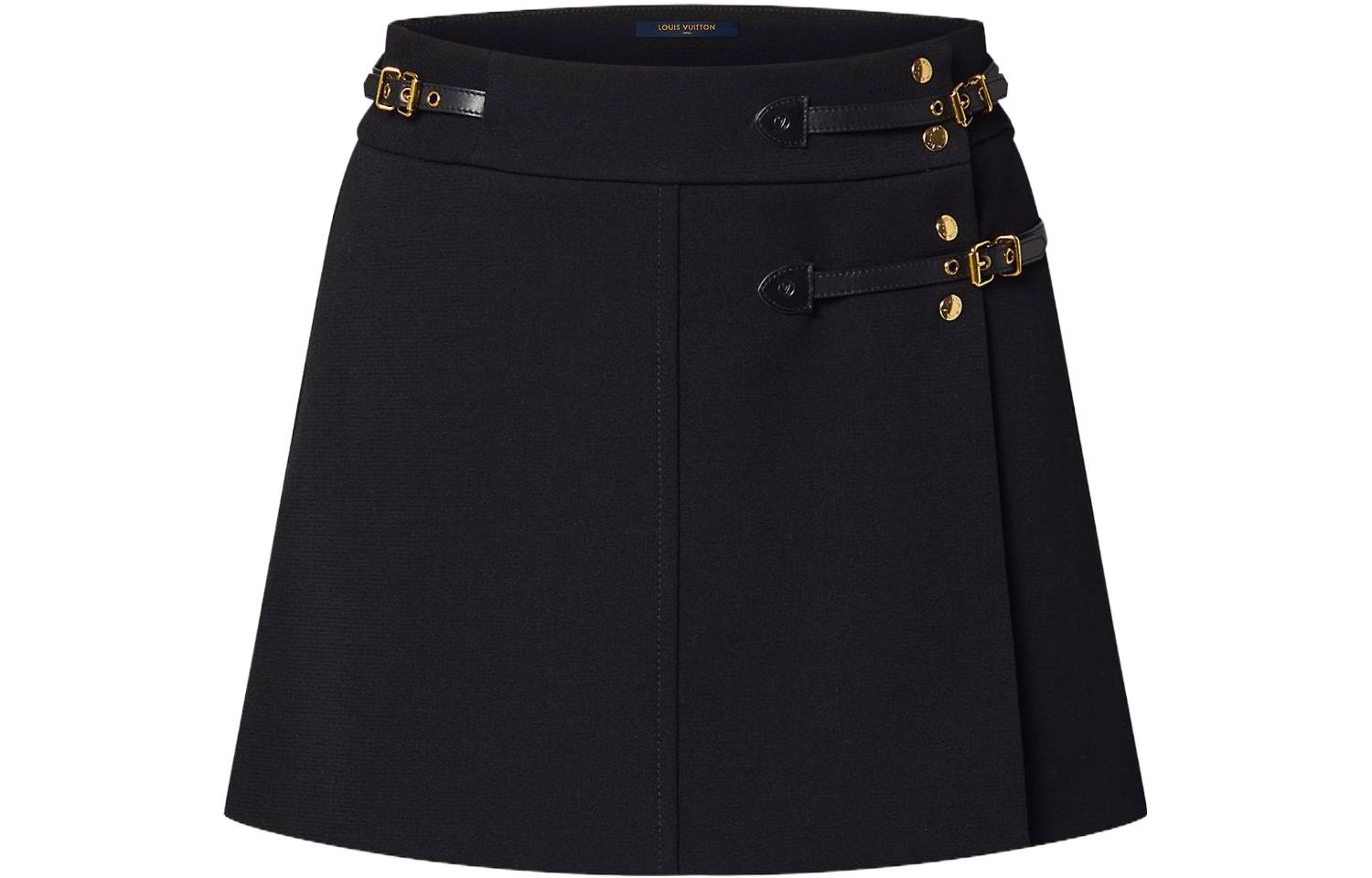 (Women) LOUIS VUITTON SS23  Black Leather Wrap Mini Skirt with Metal Buckle. 1AB6MZ