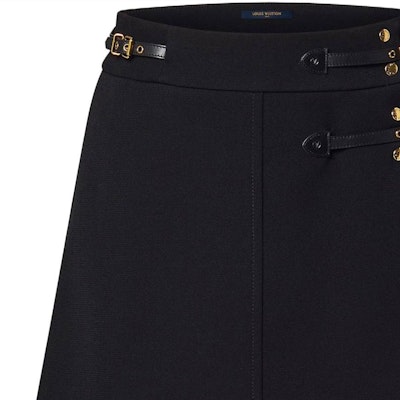 (W) 루이비통 SS23 블랙 가죽 랩 미니 스커트 메탈 버클. 1AB6MZ Sizing (W) 루이비통 SS23 블랙 가죽 랩 미니 스커트 메탈 버클. 1AB6MZ