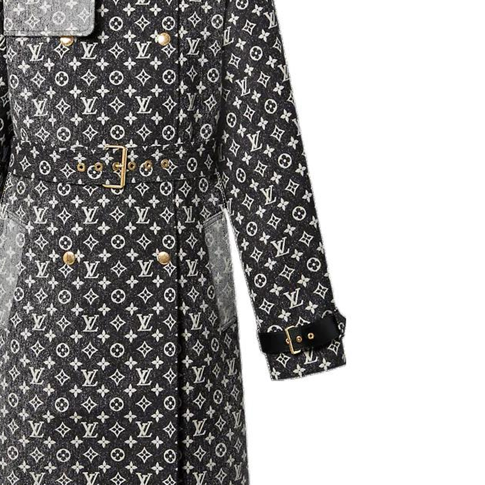 Sizing (Women) LOUIS VUITTON SS23  Black Printed Long-Sleeve Midi Trench Coat 1AAWEO
