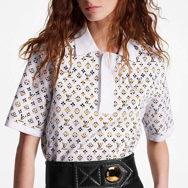 Details for (W) 루이 비통 SS23 화이트 로고 자카드 반팔 폴로 셔츠. 1ABENQ