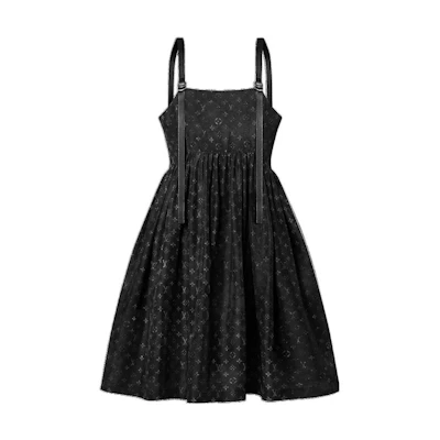 (Women) LOUIS VUITTON SS23 All-Over Logo Leather Strap Sleeveless Dress Women Black. 1AAY50