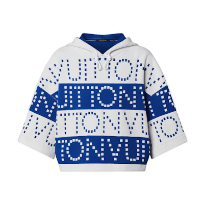 (Women) LOUIS VUITTON SS23 Blue Striped Logo Batwing Sleeve Hoodie T-Shirt Women. 1AAWRM