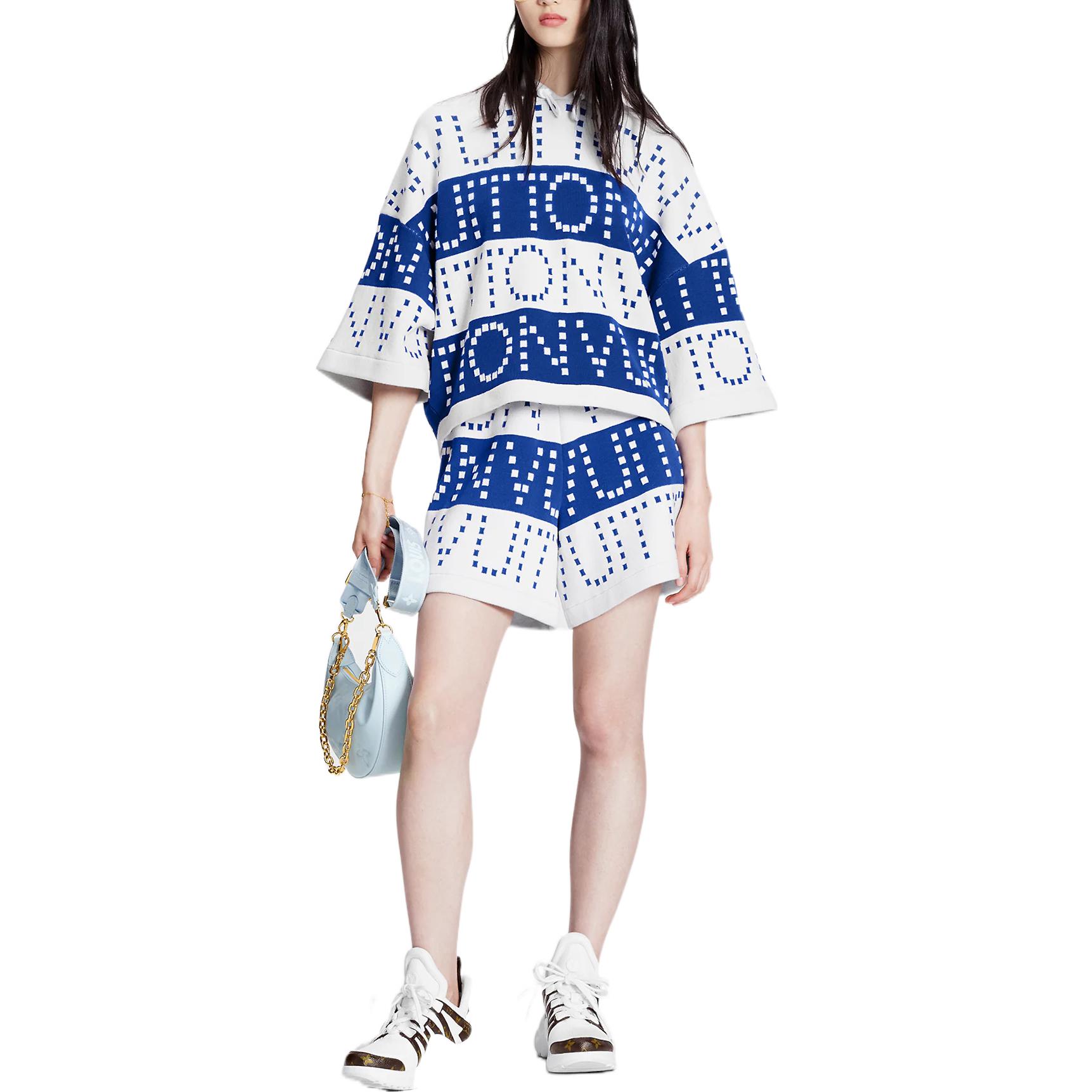 Lookbook (Women) LOUIS VUITTON SS23 Blue Striped Logo Batwing Sleeve Hoodie T-Shirt Women. 1AAWRM