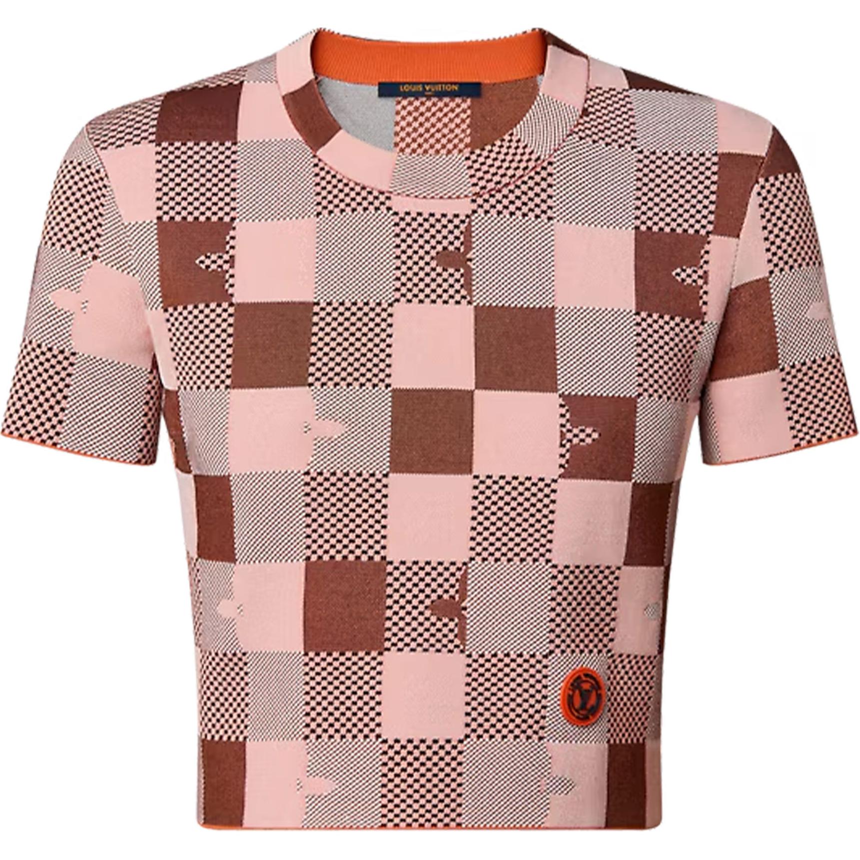 (Women) LOUIS VUITTON SS23 Check Jacquard Knit T-Shirt Pink 1AAXAN