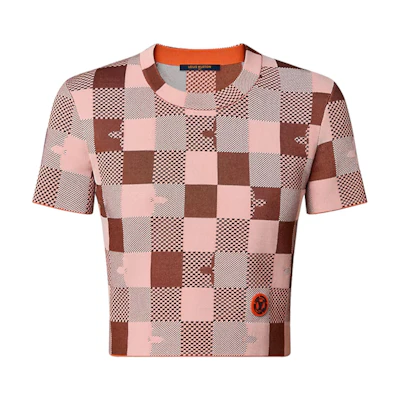 (Women) LOUIS VUITTON SS23 Check Jacquard Knit T-Shirt Pink 1AAXAN