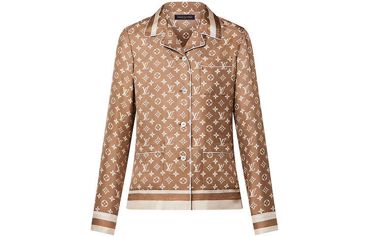 (Women) LOUIS VUITTON SS23 Monogram Logo Print Long Sleeve Pajama Shirt Brown Women 1AB7E6