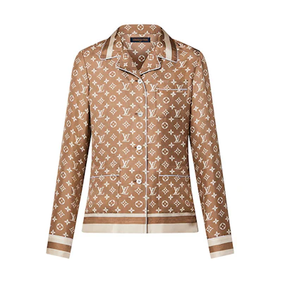 (Women) LOUIS VUITTON SS23 Monogram Logo Print Long Sleeve Pajama Shirt Brown Women 1AB7E6