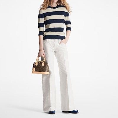 (W) 路易威登 SS23 海军条纹圆领针织毛衣 女士 黑色 1ABCMX Lookbook (W) 路易威登 SS23 海军条纹圆领针织毛衣 女士 黑色 1ABCMX