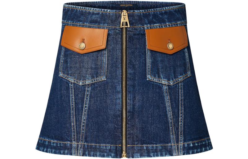 (Women) LOUIS VUITTON SS23 Patchwork High-Waisted Denim Skirt Blue Womens. 1AB6MJ