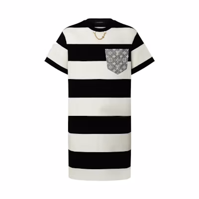 (Women) Louis Vuitton SS23 Wide Stripe Knit Short Sleeve Dress Black White 1AAUOX