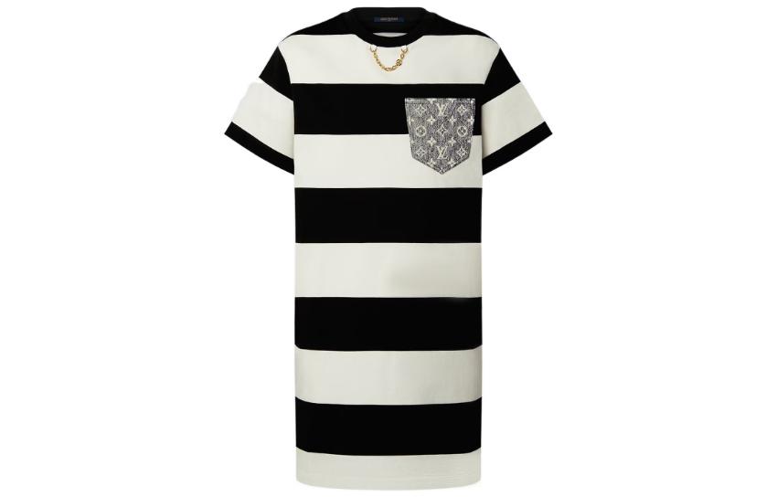 Order (W) Louis Vuitton Vestido de Punto a Rayas Anchas SS23 Manga Corta Negro Blanco 1AAUOX