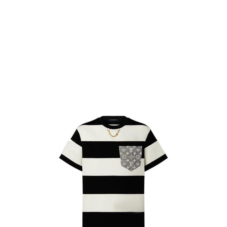 Purchase (W) Louis Vuitton Vestido de Punto a Rayas Anchas SS23 Manga Corta Negro Blanco 1AAUOX