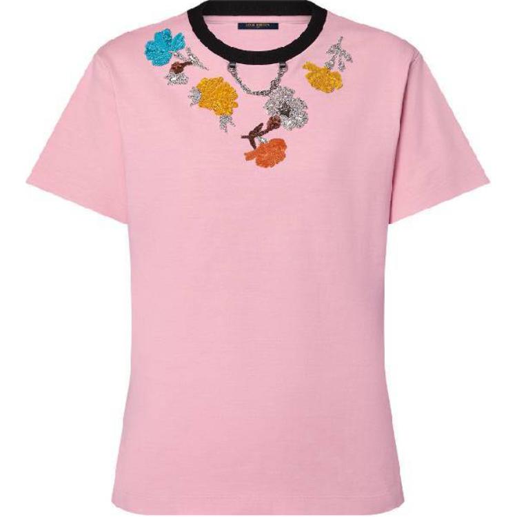 (Women) LOUIS VUITTON SS24  Pink Floral Embroidered Crewneck T-Shirt. 1AFTCO 圖 2