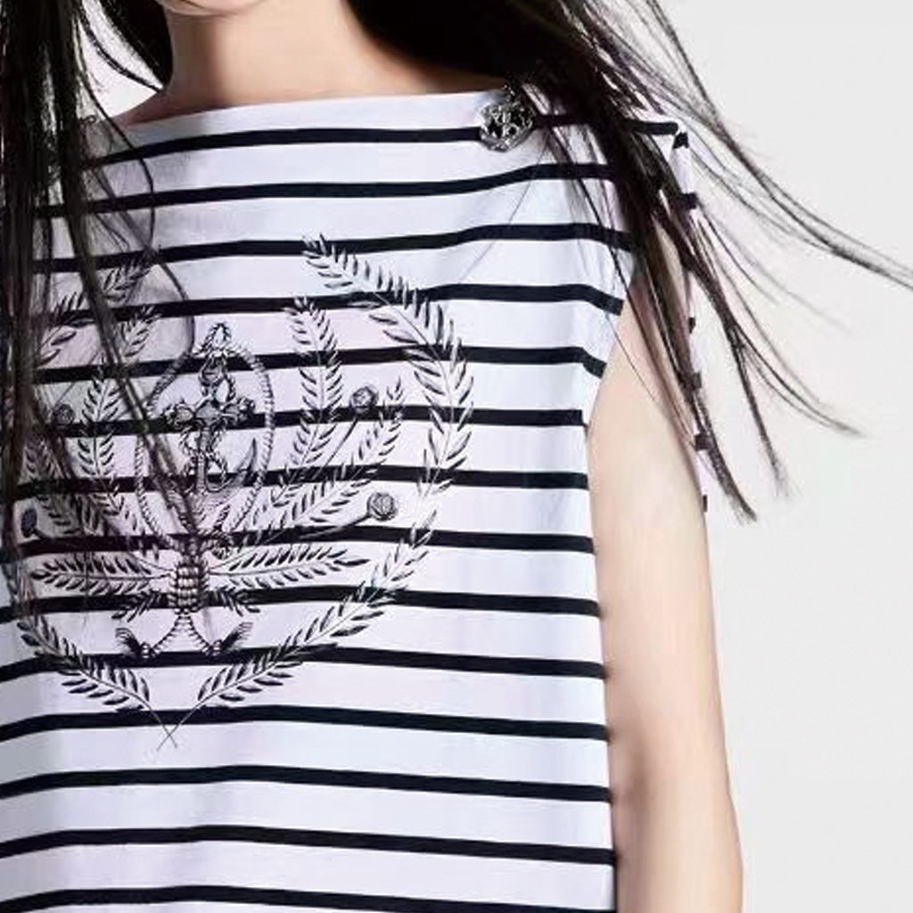 Sizing (W) LOUIS VUITTON SS24 Gaun Pendek Tanpa Lengan Motif Garis Multicolor 1AFLMC