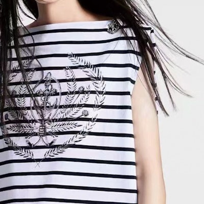 (W) LOUIS VUITTON SS24 Gaun Pendek Tanpa Lengan Motif Garis Multicolor 1AFLMC Sizing (W) LOUIS VUITTON SS24 Gaun Pendek Tanpa Lengan Motif Garis Multicolor 1AFLMC