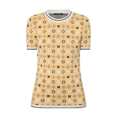 (Women) LOUIS VUITTON SS24 Yellow Logo Print Crewneck Knit Short Sleeve Top. 1AFZNU