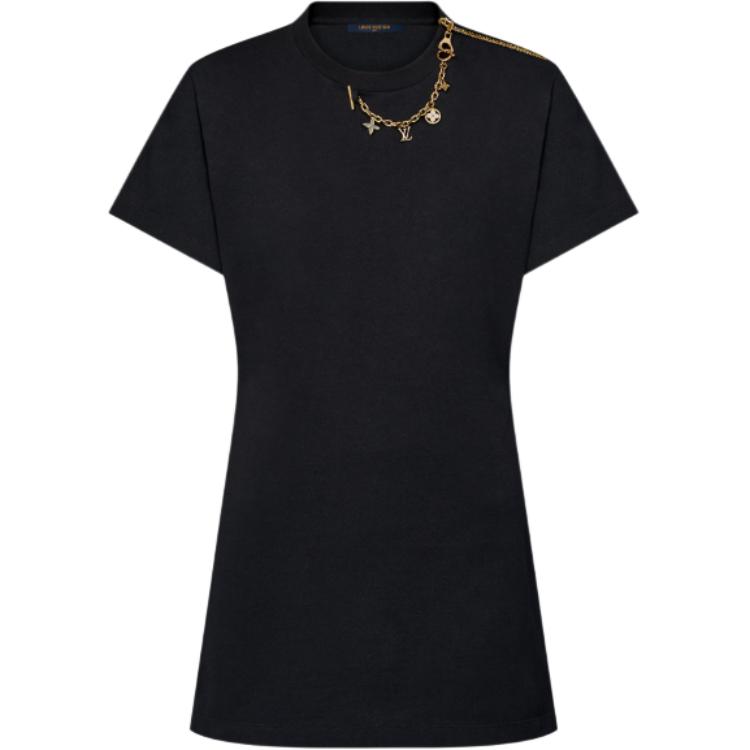 (Women) LOUIS VUITTON SS24 Black Logo Chain Detail Short-Sleeve T-Shirt Dress Women. 1AFZN3