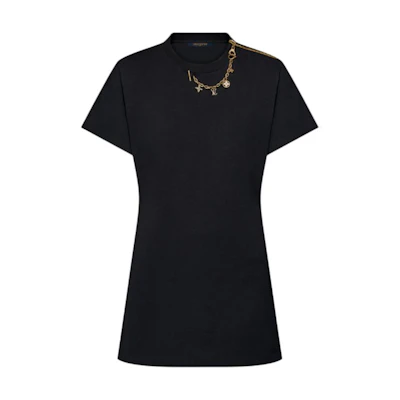 (Women) LOUIS VUITTON SS24 Black Logo Chain Detail Short-Sleeve T-Shirt Dress Women. 1AFZN3