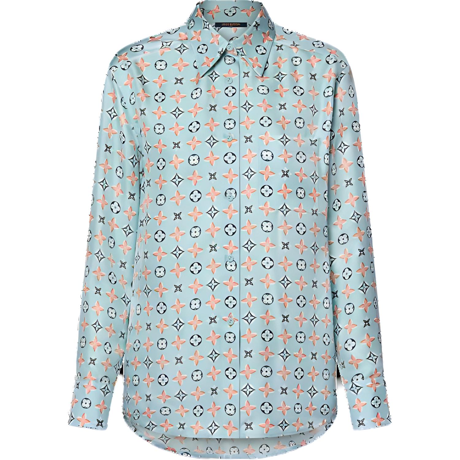 (Women) LOUIS VUITTON SS24 Logo Print Button-Up Long Sleeve Shirt Blue (). 1AFZHH