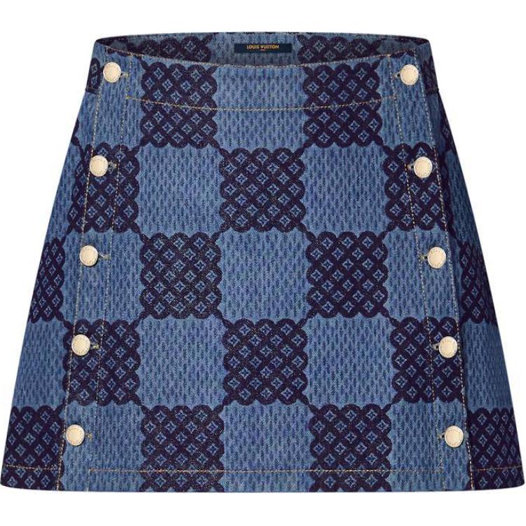 (Women) LOUIS VUITTON SS24 Plaid Double-Breasted A-Line Denim Skirt Blue Women 1AFMQV