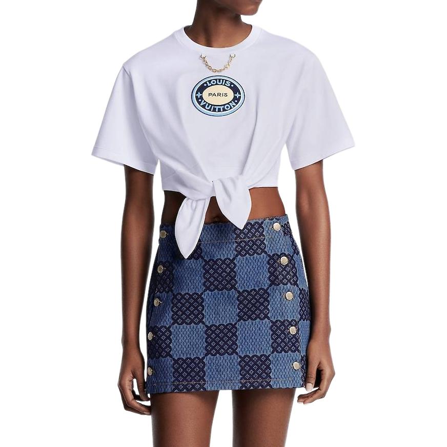 (Women) LOUIS VUITTON SS24 Plaid Double-Breasted A-Line Denim Skirt Blue Women 1AFMQV 圖 5