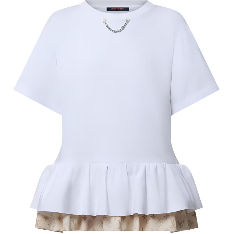 (Women) LOUIS VUITTON SS24 Ruffle Chain Crewneck White Short Sleeve T-Shirt Women. 1AGEWJ