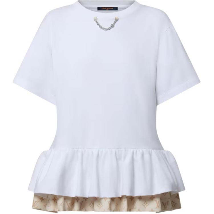 (Women) LOUIS VUITTON SS24 Ruffle Chain Crewneck White Short Sleeve T-Shirt Women. 1AGEWJ 圖 2