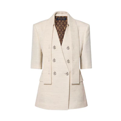 (Women) LOUIS VUITTON SS24 Scarf Collar Short Sleeve Blazer Beige Jacket. 1AFFBJ