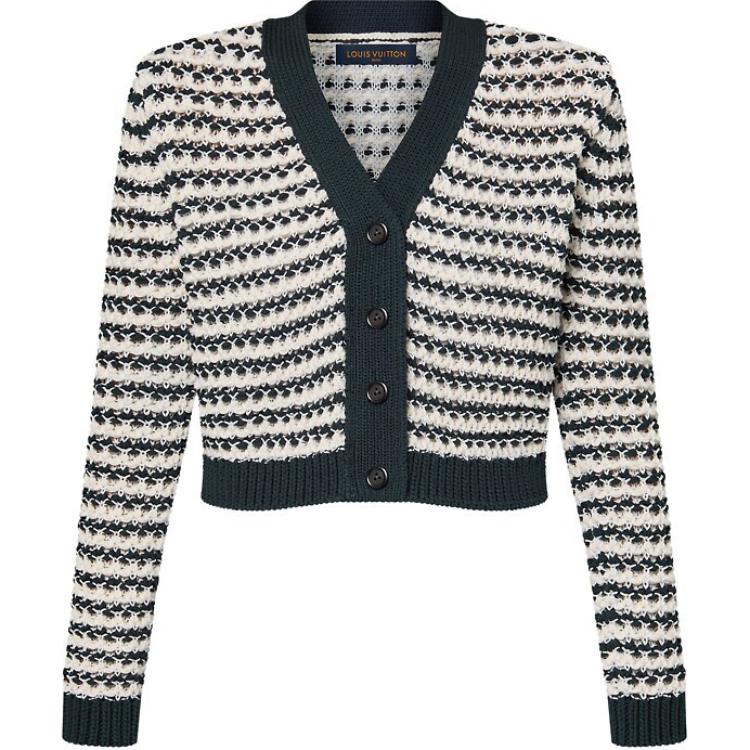 (Women) Louis Vuitton SS24 Striped Lace Button-Up Knit Cardigan White  Long Sleeve 1AFTUX