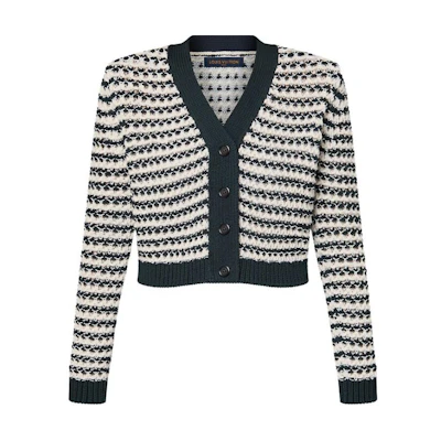 (Women) Louis Vuitton SS24 Striped Lace Button-Up Knit Cardigan White Long Sleeve 1AFTUX