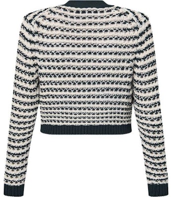 (W) Louis Vuitton SS24 Kardigan Knit Lengan Panjang Putih Berjalur Butang renda. 1AFTUX Lookbook (W) Louis Vuitton SS24 Kardigan Knit Lengan Panjang Putih Berjalur Butang renda. 1AFTUX