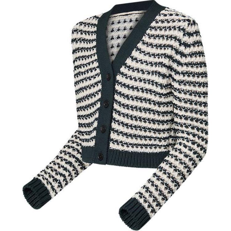 Shop (W) Louis Vuitton SS24 Kardigan Knit Lengan Panjang Putih Berjalur Butang renda. 1AFTUX