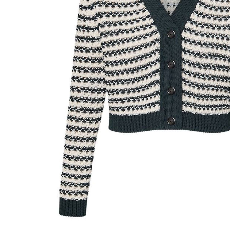 Sizing (W) Louis Vuitton SS24 Kardigan Knit Lengan Panjang Putih Berjalur Butang renda. 1AFTUX