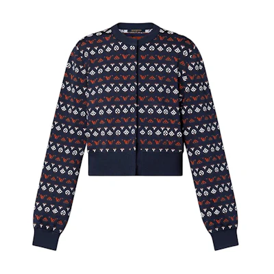 (Women) LOUIS VUITTON SS24 Womens Blue Logo Embossed Knit Crewneck Cardigan. 1AFOVU