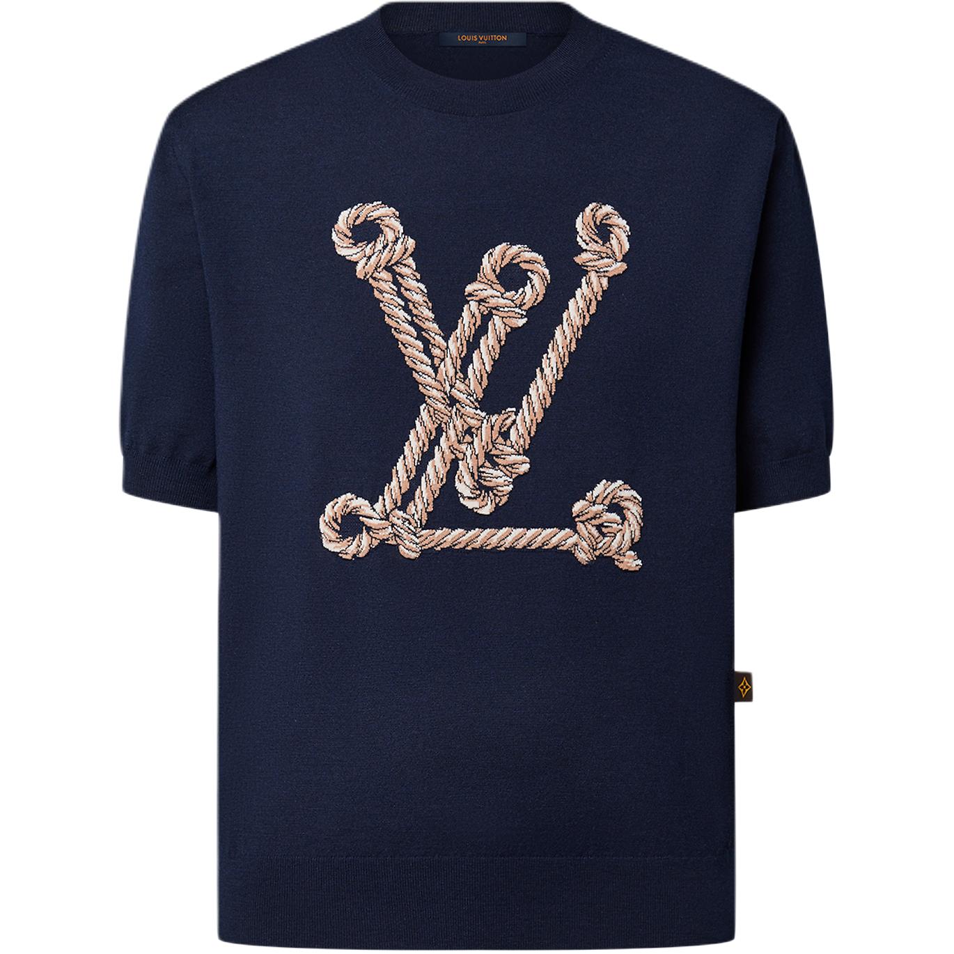 (Women) LOUIS VUITTON SS25  Nautical Rope Logo Knit Crewneck Short Sleeve Navy Top 1AHJD3