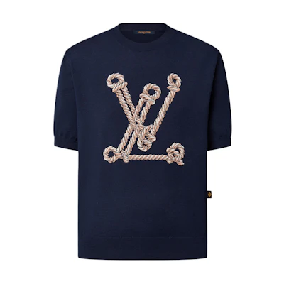 (Women) LOUIS VUITTON SS25 Nautical Rope Logo Knit Crewneck Short Sleeve Navy Top 1AHJD3