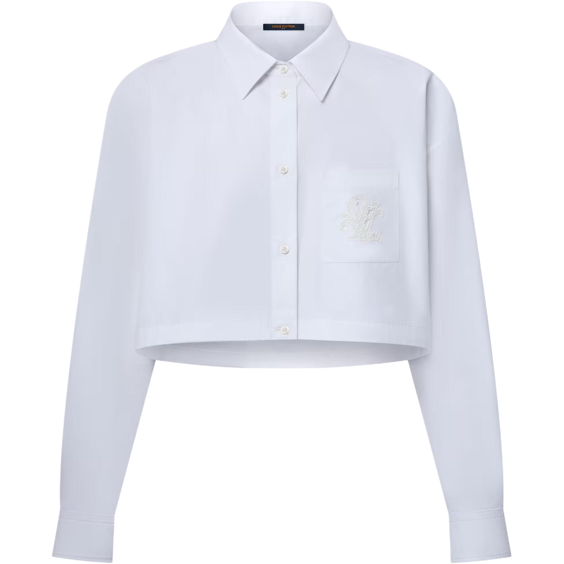 (Women) LOUIS VUITTON SS25  White Short British Embroidery Pearl Button Shirt 1AHHUS
