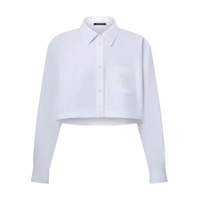 (Women) LOUIS VUITTON SS25 White Short British Embroidery Pearl Button Shirt 1AHHUS