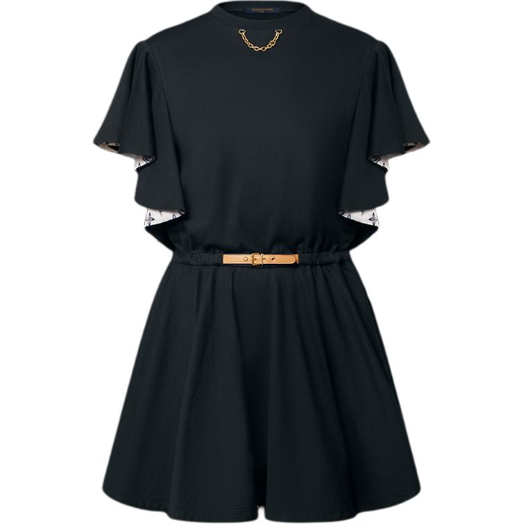 (Women) LOUIS VUITTON SS25 Black Ruffled Tie Short Sleeve Dress 1AGOR1