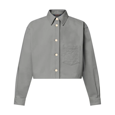 (Women) LOUIS VUITTON SS25 Grey Denim Button-Up Shirt with Logo and Collar 1AHHTJ
